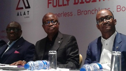 (L-r):Dele Adeyinka, chief digital officer, ALAT; Yinka Asekun, chairman, Board of Directors, Wema bank Plc; Segun Oloketuji, MD/CEO and Demola Adebise, deputy MD, Wema Bank Plc., at the launch of Wema Bank, ALAT Digital Bank in Lagos on Tuesday.